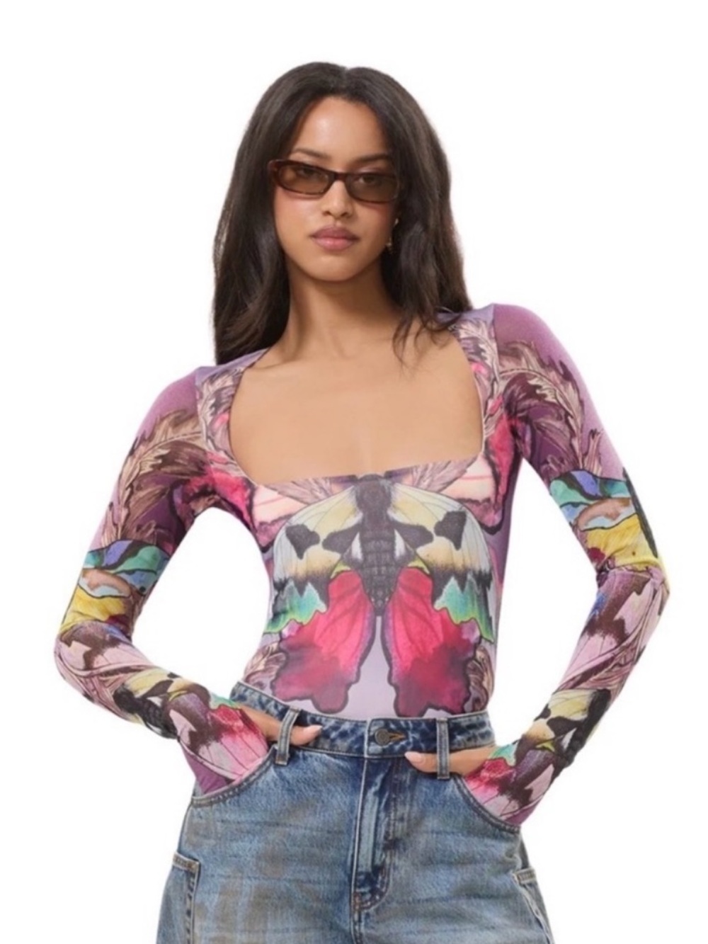 AFRM Square-Neck Long-Sleeve Butterfly Print Bodysuit - Pink
Multicolor